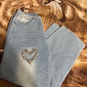 SHEIN Light Blue Straight Leg Jeans with Heart Detail